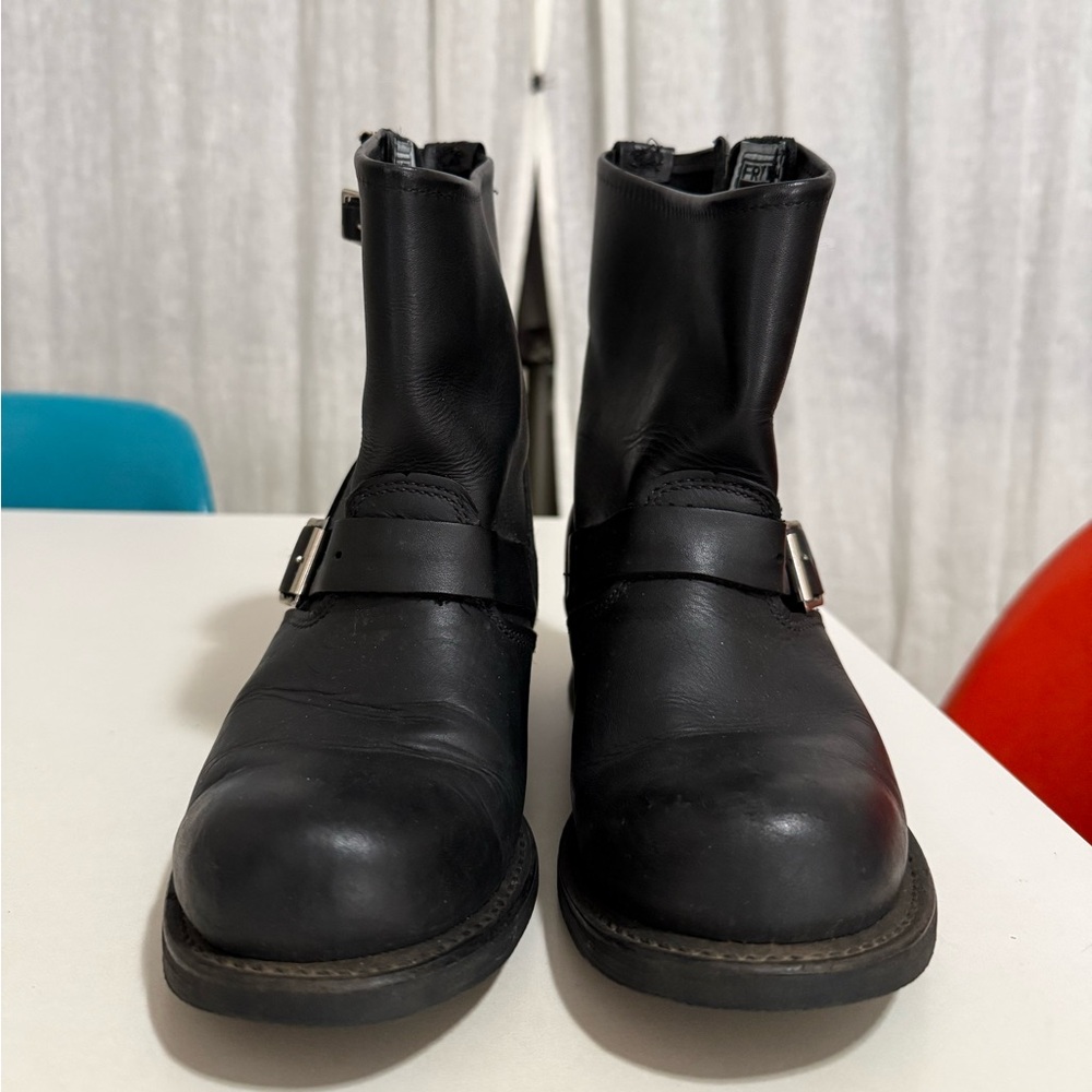 Frye Black Leather Engineer Boots with Buckle Strap